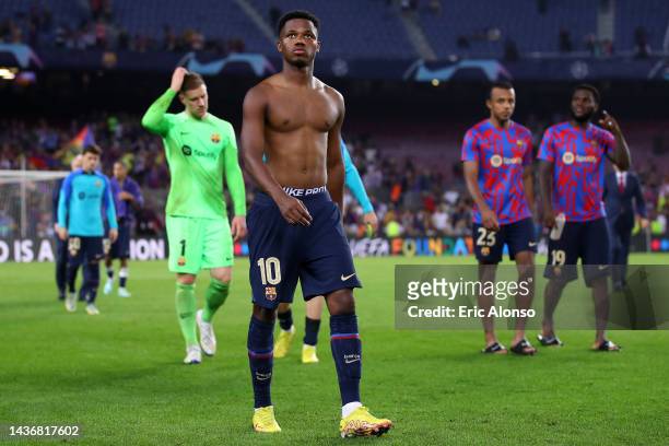 Ansu Fati of FC Barcelona looks dejected following their side's defeat and elimination from the UEFA Champions League in the UEFA Champions League...