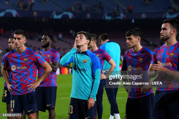 Gavi of FC Barcelona looks dejected following their side's defeat and elimination from the UEFA Champions League in the UEFA Champions League group C...