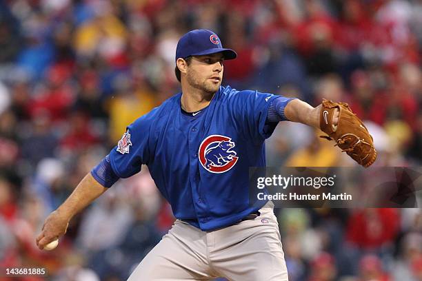 Starting pitcher Randy Wells of the Chicago Cubs during a game against the Philadelphia Phillies at Citizens Bank Park on April 28, 2012 in...