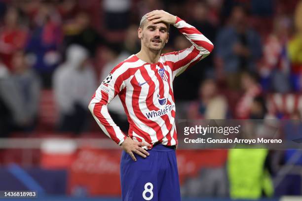 Antoine Griezmann of Atletico Madrid reacts after their sides draw during the UEFA Champions League group B match between Atletico Madrid and Bayer...