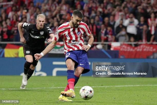 Yannick Ferreira Carrasco of Atletico Madrid misses a penalty during the UEFA Champions League group B match between Atletico Madrid and Bayer 04...