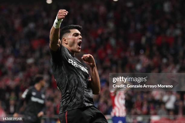 Nadiem Amiri of Bayer 04 Leverkusen celebrates after their sides draw during the UEFA Champions League group B match between Atletico Madrid and...