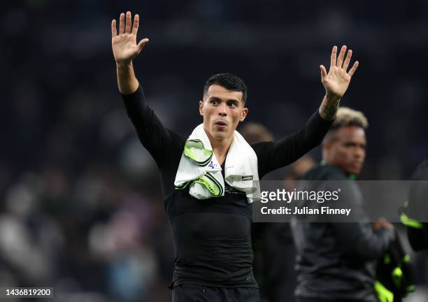 Pedro Porro of Sporting CP waves the the travelling fans following the UEFA Champions League group D match between Tottenham Hotspur and Sporting CP...