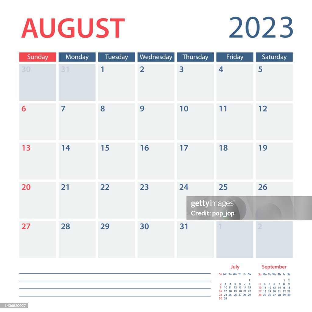 2023 August Calendar Planner Vector Template. Week starts on Sunday
