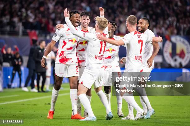 Mohamed Simakan, Dominik Szoboszlai, Timo Werner, Amadou Haidara, Dani Olmo, Christopher Nkunku of RB Leipzig celebrating their team's third goal...