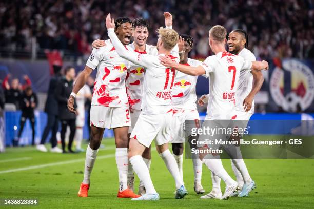 Mohamed Simakan, Dominik Szoboszlai, Timo Werner, Amadou Haidara, Dani Olmo, Christopher Nkunku of RB Leipzig celebrating their team's third goal...