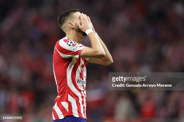 Yannick Carrasco of Atletico de Madrid reacts as he fail to score during the UEFA Champions League group B match between Atletico Madrid and Bayer 04...