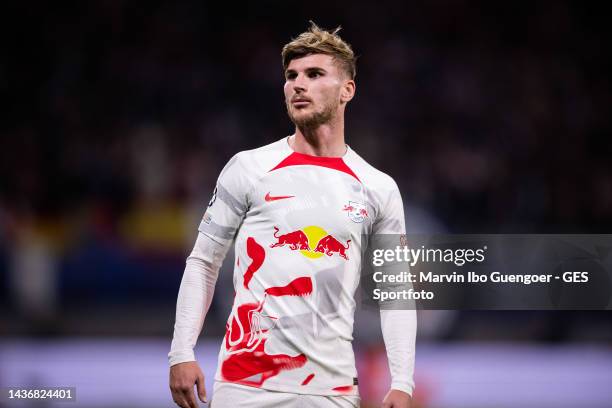 Timo Werner of RB Leipzig looks on during the UEFA Champions League group F match between RB Leipzig and Real Madrid at Red Bull Arena on October 25,...