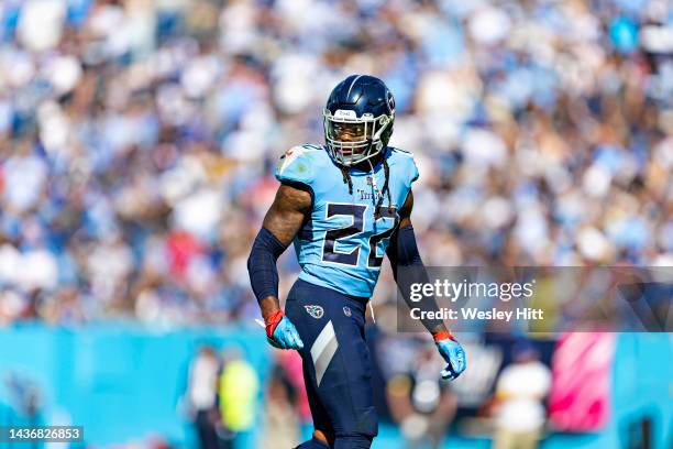 Derrick Henry of the Tennessee Titans walks to the huddle during a game against the Indianapolis Colts at Nissan Stadium on October 23, 2022 in...