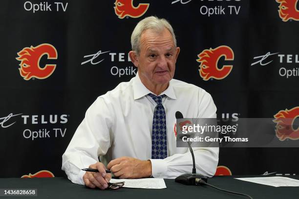Head coach Darryl Sutter of the Calgary Flames speaks to the media after a win against the Pittsburg Penguins at Scotiabank Saddledome on October 25,...