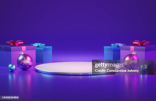 podium and christmas decorations on purple background - the gift photo exhibit stock pictures, royalty-free photos & images