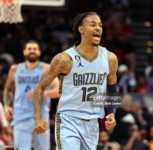 Ja Morant of the Memphis Grizzlies against the Houston Rockets at Toyota Center on October 21, 2022 in Houston, Texas. NOTE TO USER: User expressly...