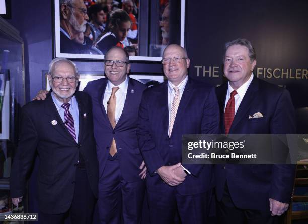 Stan Fischler, Jon Ledecky, Bill Daly and Denis Potvin gather for the naming ceremony for the top floor of the UBS Arena as the Stan Fischler Press...