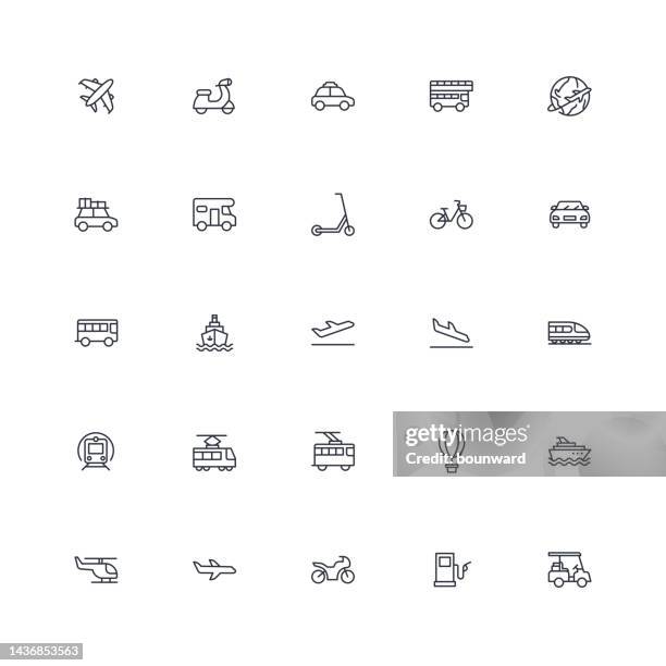 transportation line icons editable stroke - cruise and motorbike and ship stock illustrations