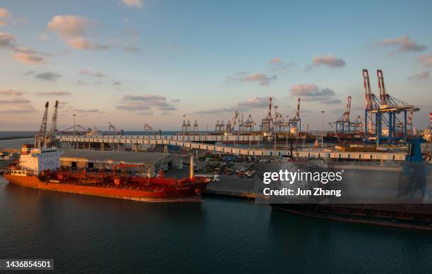 port of ashdod, israel, in sunrise. - shipping docks stock pictures, royalty-free photos & images