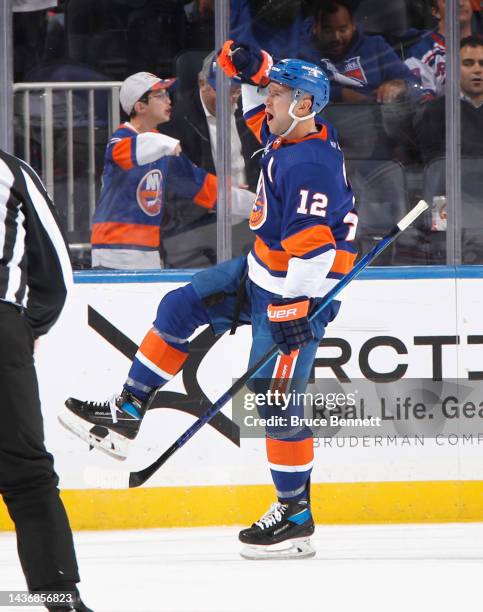 Josh Bailey of the New York Islanders celebrates his goal at 5:37 of the third period against the New York Rangers at the UBS Arena on October 26,...