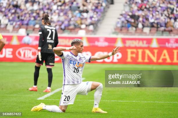 Of Sanfrecce Hiroshima celebrates scoring his side’s first goal during the J.LEAGUE YBC Levain Cup final between Cerezo Osaka and Sanfrecce Hiroshima...