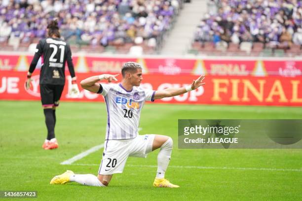 Of Sanfrecce Hiroshima celebrates scoring his side’s first goal during the J.LEAGUE YBC Levain Cup final between Cerezo Osaka and Sanfrecce Hiroshima...