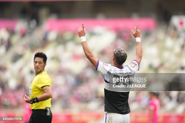 Of Sanfrecce Hiroshima celebrates scoring his side’s second goal during the J.LEAGUE YBC Levain Cup final between Cerezo Osaka and Sanfrecce...