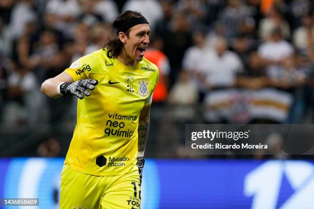 Cassio of Corinthians gestures during the match between Corinthians and Fluminense as part of Brasileirao Series A 2022 at Neo Quimica Arena on...