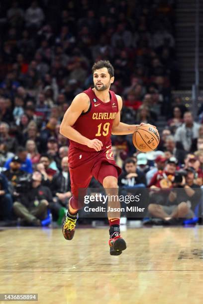 Raul Neto of the Cleveland Cavaliers brings the ball up court during the fourth quarter against the Orlando Magic at Rocket Mortgage Fieldhouse on...