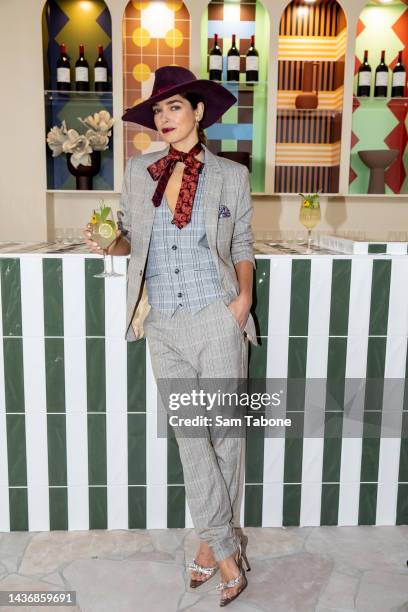 Ashley Hart poses at the Villa Paradiso Marquee during media preview day in the Birdcage at Flemington Racecourse on October 27, 2022 in Melbourne,...