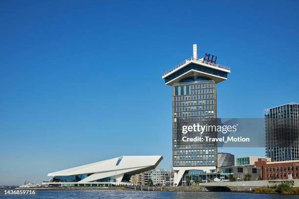a'dam tower and eye film museum waterfront skyline, amsterdam-noord - uitkijktoren stockfoto's en -beelden