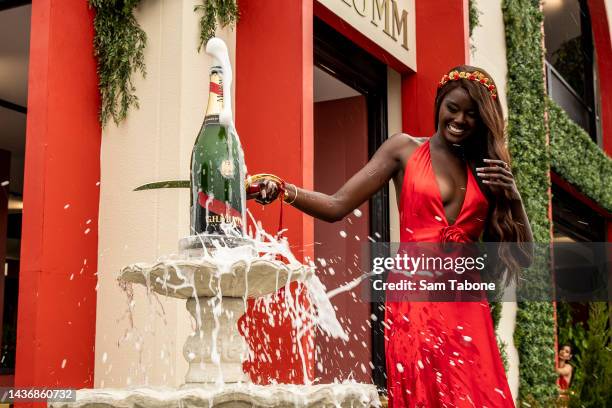 Duckie Thot attends the Mumm Marquee during media preview day in the Birdcage at Flemington Racecourse on October 27, 2022 in Melbourne, Australia.