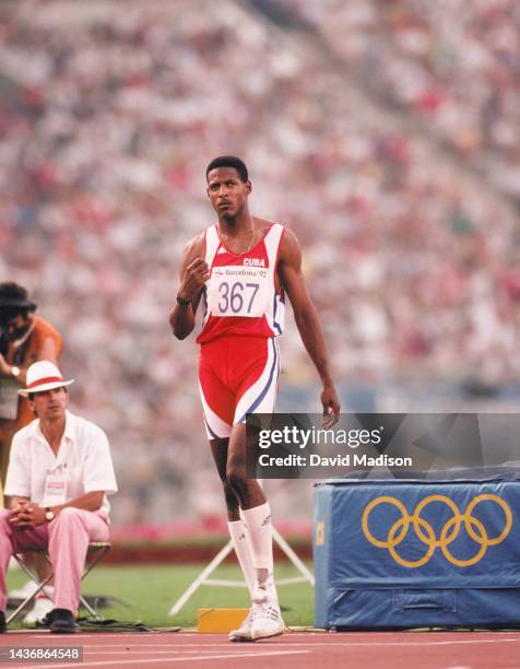 Javier Sotomayor of Cuba competes in the Men's High Jump event of the Athletics competition of the 1992 Summer Olympics on August 2, 1992 at the...