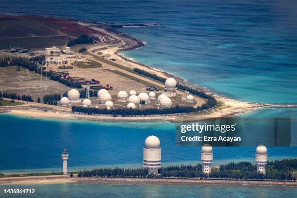 Buildings and structures are seen on the artificial island built by China in Fiery Cross Reef on October 25, 2022 in Spratly Islands, South China...