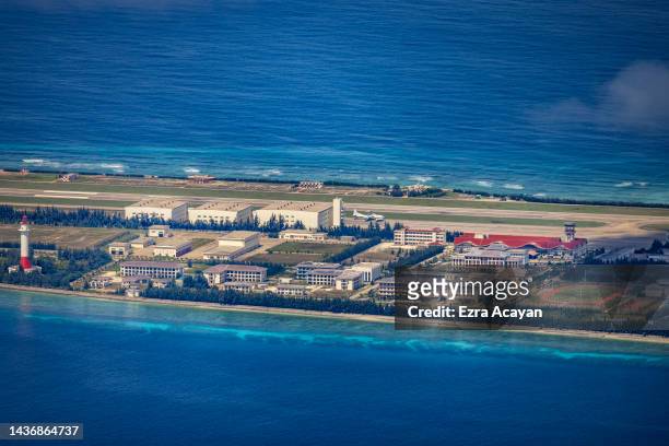 Buildings and structures are seen on the artificial island built by China in Mischief Reef on October 25, 2022 in Spratly Islands, South China Sea....