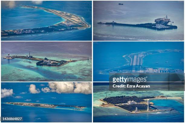 In this composite image, airfields, buildings, and structures are seen on the artificial islands built by China in Mischief Reef, Gaven Reefs, Subi...