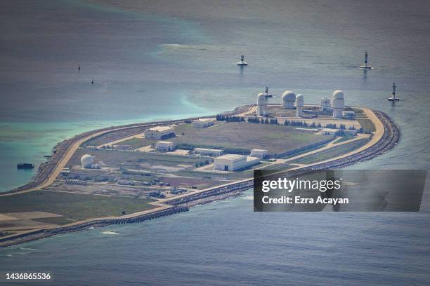 Buildings and structures are seen on the artificial island built by China in Mischief Reef on October 25, 2022 in Spratly Islands, South China Sea....