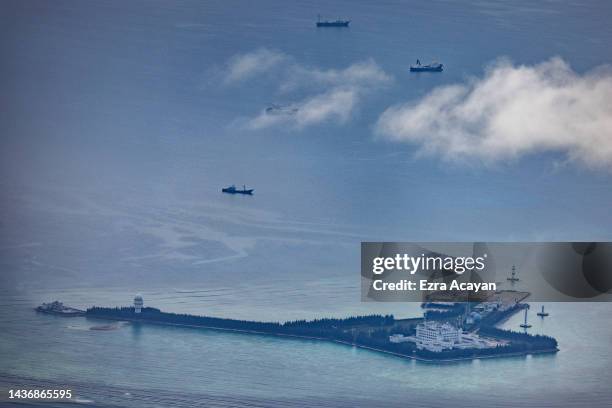 Buildings and structures are seen on the artificial island built by China in Gaven Reefs on October 25, 2022 in Spratly Islands, South China Sea....