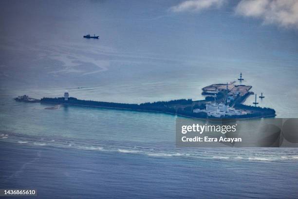 Buildings and structures are seen on the artificial island built by China in Gaven Reefs on October 25, 2022 in Spratly Islands, South China Sea....