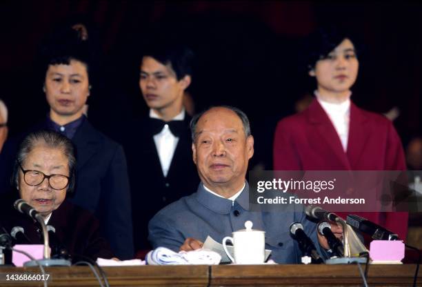 Chinese Premier Zhou Enlai and National People's Congress chairman Peng Zhen , Great Hall, Beijing, China, December, 1986.