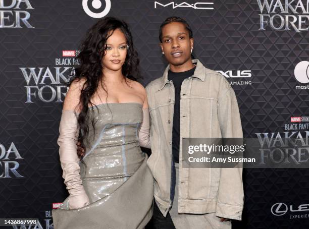 Rihanna and A$AP Rocky attend Marvel Studios' "Black Panther: Wakanda Forever" premiere at Dolby Theatre on October 26, 2022 in Hollywood, California.