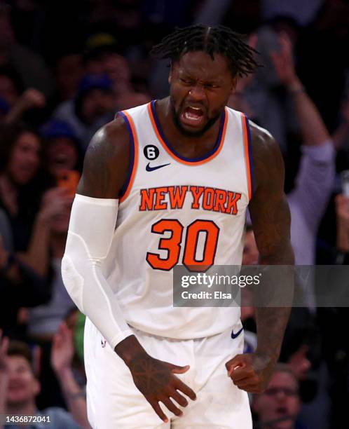 Julius Randle of the New York Knicks celebrates his shot in the fourth quarter against the Charlotte Hornets at Madison Square Garden on October 26,...