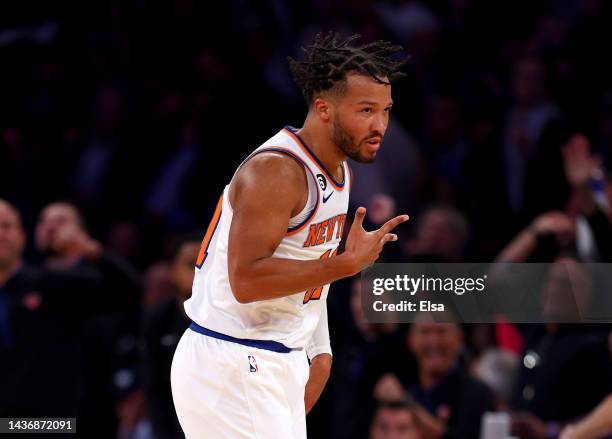 Jalen Brunson of the New York Knicks celebrates his three point shot against the Charlotte Hornets at Madison Square Garden on October 26, 2022 in...