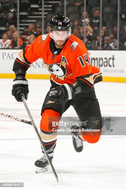 Adam Henrique of the Anaheim Ducks skates on the ice during the first period against the Tampa Bay Lightning at Honda Center on October 26, 2022 in...