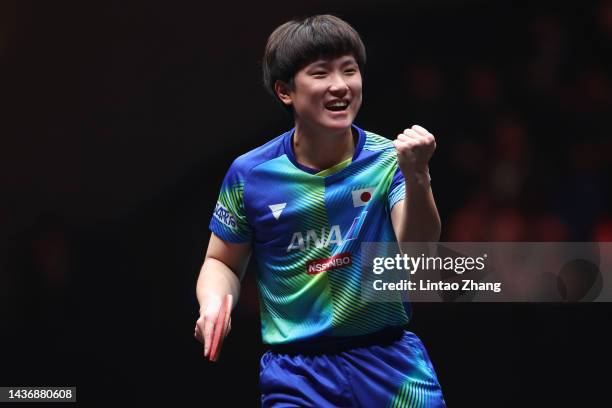 Tomokazu Harimoto of Japan celebrates match point against Patrick Franziska of Germany during the Men's Singles Round of 16 match on day one of the...