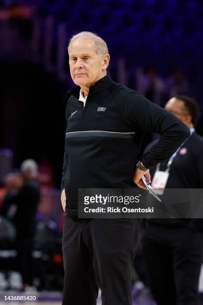 John Beilein Senior Player Development Advisor for the Detroit Pistons looks on during warm ups before the game against the Atlanta Hawks at Little...