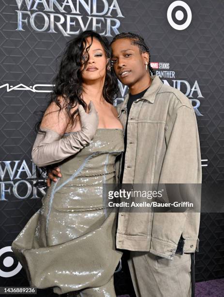 Rihanna and A$AP Rocky attend Marvel Studios' "Black Panther 2: Wakanda Forever" Premiere at Dolby Theatre on October 26, 2022 in Hollywood,...