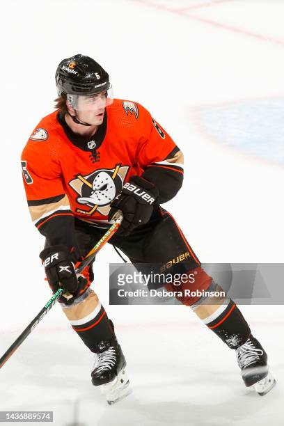Jamie Drysdale of the Anaheim Ducks skates on the ice during the second period against theTampa Bay Lightning at Honda Center on October 26, 2022 in...