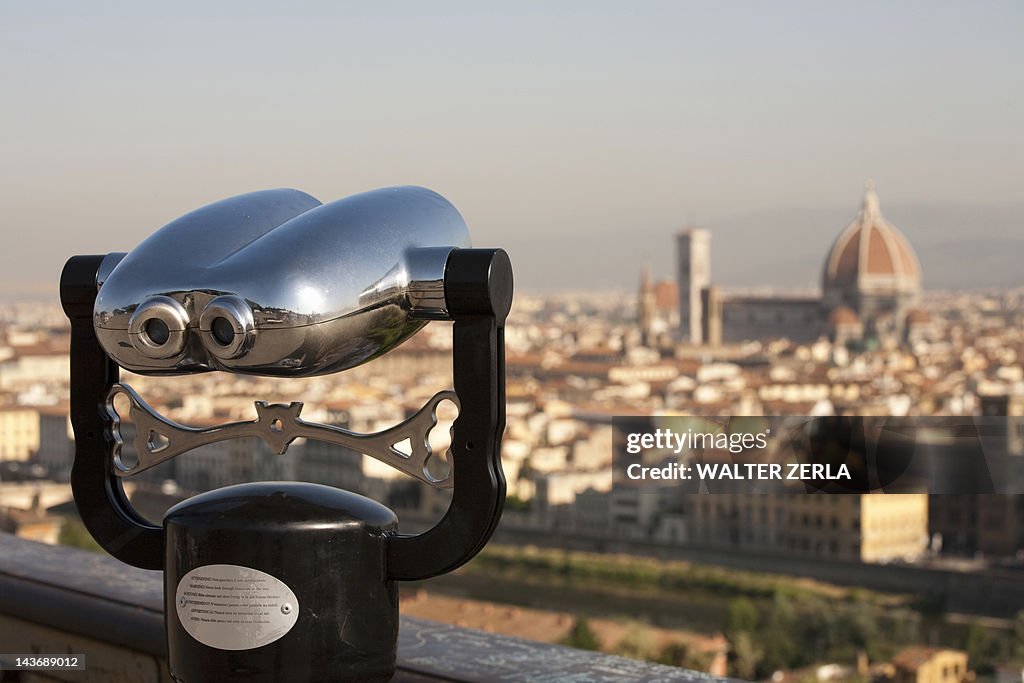 Binoculars overlooking cityscape