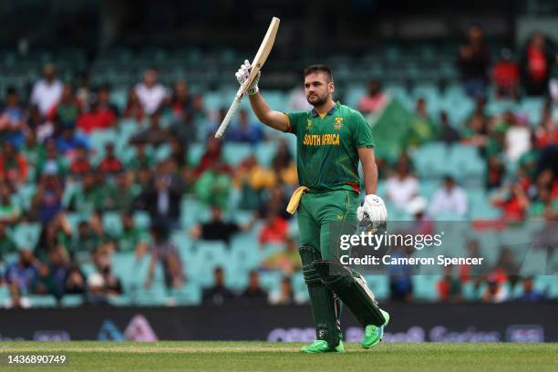 Rilee Rossouw of South Africa celebrates scoring a century during the ICC Men's T20 World Cup match between South Africa and Bangladesh at Sydney...