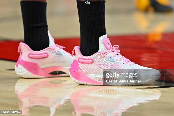 Detailed view of the sneakers worn by Jimmy Butler of the Miami Heat against the Portland Trail Blazers at the Moda Center on October 26, 2022 in...