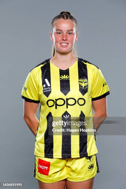 Kate Taylor poses during the Wellington Phoenix 2022-23 A-League Womens headshots session at NZCIS on October 27, 2022 in Wellington, New Zealand.