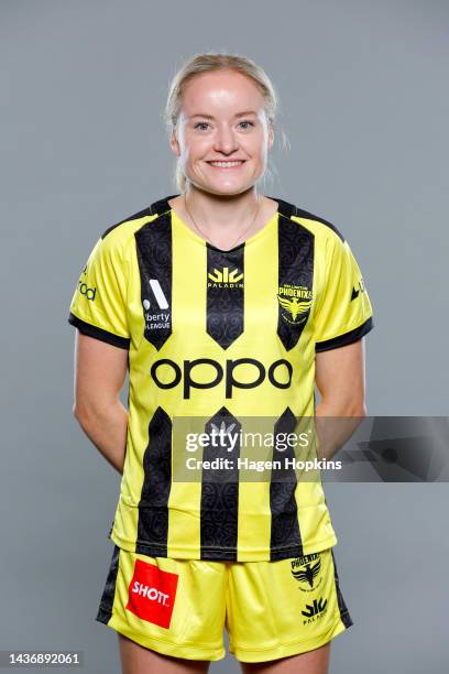 Paige Satchell poses during the Wellington Phoenix 2022-23 A-League Womens headshots session at NZCIS on October 27, 2022 in Wellington, New Zealand.