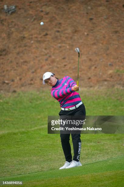 Anna Konno of Japan chips onto the 14th green during the second round of the Shishido Hills Ladies Mori Building Cup at Shishido Hills Country Club...